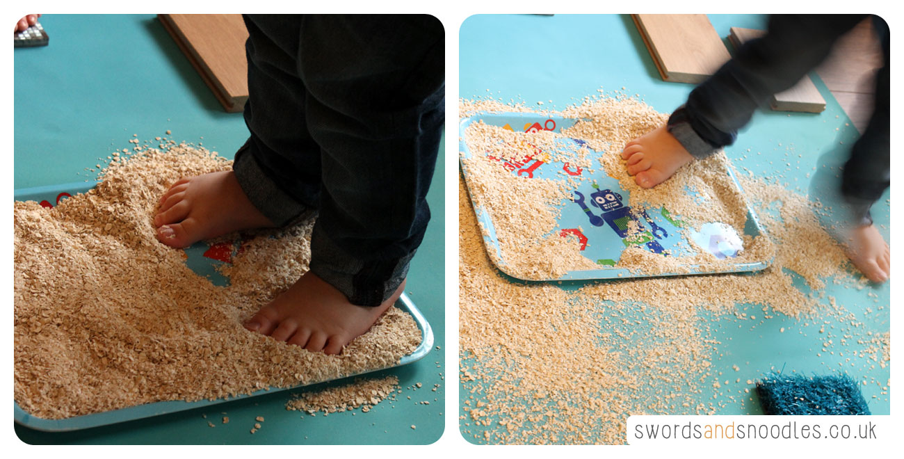 Child walking in oats during Sensory Stepping Stones activity